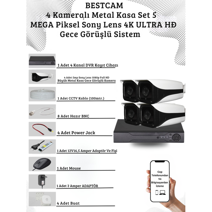 4 Kameralı Metal Kasa 5 Mega Piksel Sony Lensli 4K Ultra HD Güvenlik Sistemi