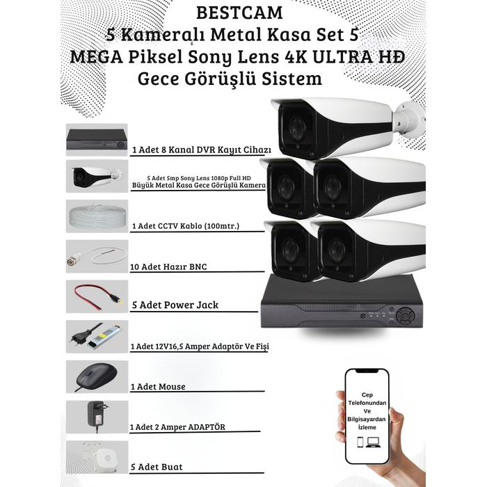 5 Kameralı Metal Kasa 5 Mega Piksel Sony Lensli 4K Ultra HD Güvenlik Sistemi