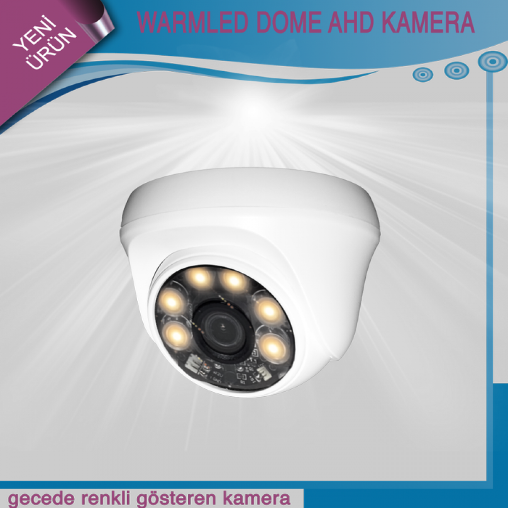 AHD Warm LED Gece Görüşlü Renkli Dome Kamera – 5.0MP Sony Lens, 1080P Full HD, Su Geçirmez