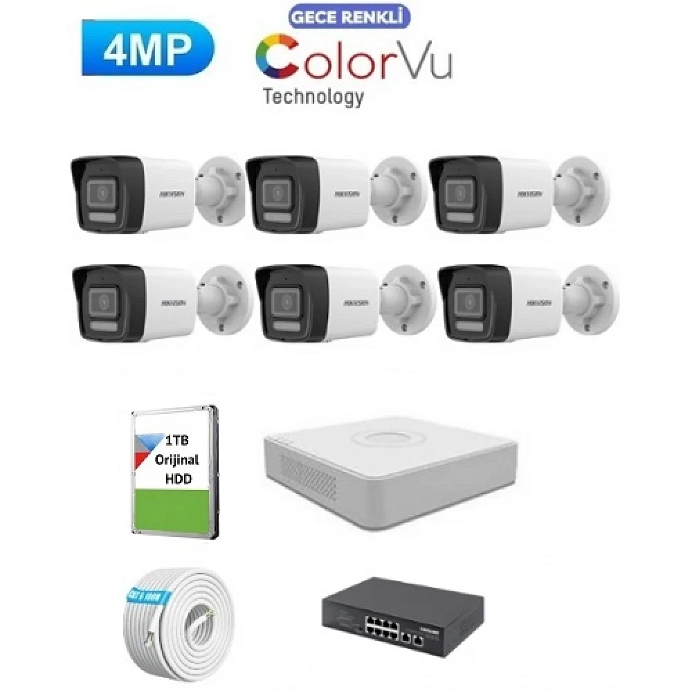 Hikvision 6 Kameralı 4mp Colorvu İp Kamera Seti Sesli